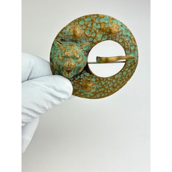 Antique JHP Arts & Crafts Hand Wrought Hammered Bronze Tiger Patina Brooch Pin X - Picture 3 of 8